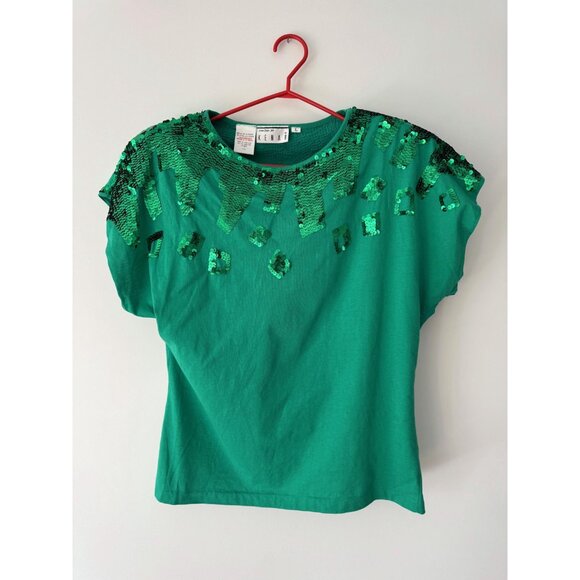 80s vintage green sequin embellished funky cotton short sleeved tee shirt large - Picture 9 of 10